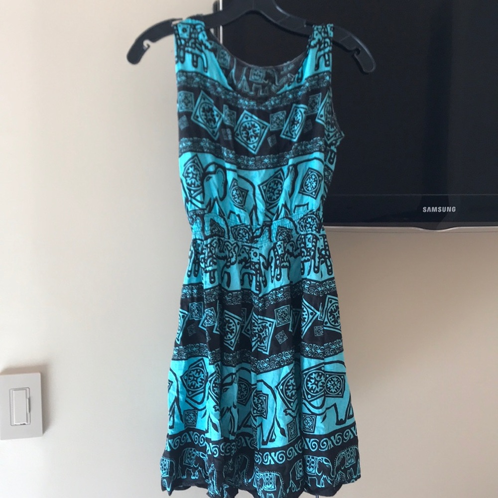 Turquoise and Black Elephant Pattern Mini Dress